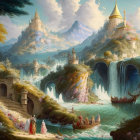 Intricate castle in snowy mountains with waterfall, boats, and period clothing people.