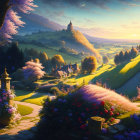 Picturesque sunset scene: blossoming trees, green hills, quaint houses.