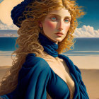 Portrait of woman with golden hair in blue attire, surreal sea backdrop