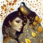 Illustrated woman with purple hair and golden leaves next to peacock with gold plumage.