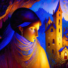 Woman in shawl gazes at glowing castle on rocky cliffs at twilight