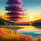 Colorful sunset landscape with pink-topped trees, reflective lake, flowers, and flying birds