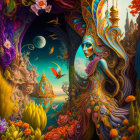 Surreal illustration: masked woman with globe, fantastical landscape, vibrant flowers.