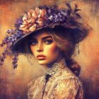 Woman in Purple Floral Hat with Vintage Attire Surrounded by Warm-Toned Flowers