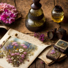 Classic Still Life Composition with Open Book, Inkwell, Quill, and Decorative Items