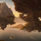 Tranquil landscape with twisted trees, calm lake, mountain backdrop, warm sunlight, and flying bird