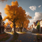 Quaint cobblestone street with half-timbered houses and autumn tree