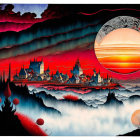 Surreal landscape with large moon, red skies, stylized trees, whimsical houses, and