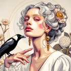 Detailed illustration of woman with gray hair, white flowers, birds, and red earrings