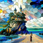 Surreal landscape with people on path by the sea and whimsical cliff-top building