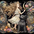 Girl in floral dress surrounded by animals in fairy-tale setting