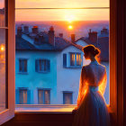 Woman in dress gazes at sunset over quaint town from open window