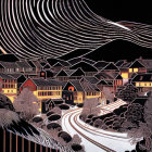 Nighttime village scene with illuminated houses and swirling sky patterns