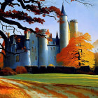 Majestic fairy-tale castle in autumnal setting by tranquil lake