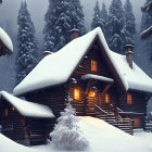 Snowy forest cabin with glowing windows in twilight