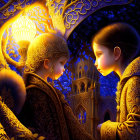 Children in golden attire with lantern in twilight forest with glowing patterns