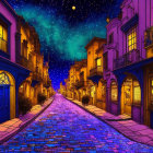 Vibrant Dreamlike Street Scene with Starry Sky