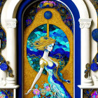 Stylized woman in flowing blue dress with gold and blue patterns in ornate frame