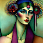 Colorful Portrait of Woman with Green and Yellow Headpiece