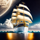 Majestic sailing ship on surreal ocean under dramatic night sky