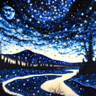 Starlit sky painting: crescent moon, pine trees, reflective lake