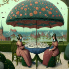 Stylized women at floral table under umbrella in surreal green landscape