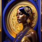 Woman adorned with gold jewelry and pearls in ornate blue and gold background