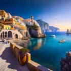 Colorful Coastal Village: Clifftop Buildings, Blue Sea, Boats, Clear Sky