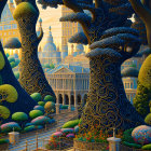 Fantastical cityscape with towering trees and whimsical architecture