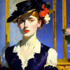 Victorian-style woman digital artwork with floral hat and blue dress