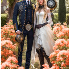 Gothic couple in elegant attire with red roses and thorny branches