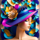 Colorful digital artwork: Woman in hat with glowing flowers