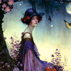 Woman in vintage dress and flower hat under starry sky with moon and butterflies