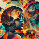 Female profile and eyes in surreal artwork with orange and blue swirls and water droplets