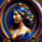 3D digital artwork of woman with gold floral hair adornments in blue gown