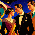 Elegant Art Deco Style Painting of Two Men and Flapper Woman