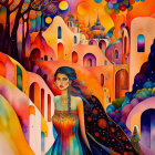 Colorful painting of woman with glowing orb in surreal cityscape