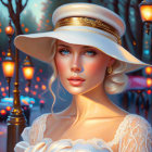 Illustrated woman with blue eyes and blonde hair in autumn-themed hat, in cozy lantern-lit scene