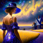 Woman in elegant blue dress and hat in surreal landscape with night sky and golden fields