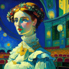 Stylized portrait of woman in historical dress against ornate theater