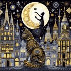 Whimsical cat illustration with moon, starry sky & fantasy architecture