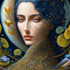 Surreal nature-themed woman illustration in blue and gold palette