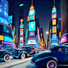 Fantastical street scene at twilight with whimsical towers, woman, dog, vintage cars, and