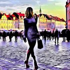 Colorful cubist cityscape with woman in headphones