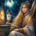 Woman in vintage cloak with two cats by lantern in rain.