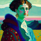 Woman with Curly Hair in Fur Coat & Earrings Against Colorful Landscape