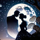 Romantic couple kissing under full moon and stars.