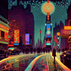 Neon-lit retro-futuristic street scene with vintage cars and pedestrians