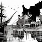 Fantastical black and white seascape with sailboats, whimsical buildings, bridges, and flying