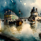 Scene by Seine River: Boats, Eiffel Tower, Parisian buildings under dramatic sky